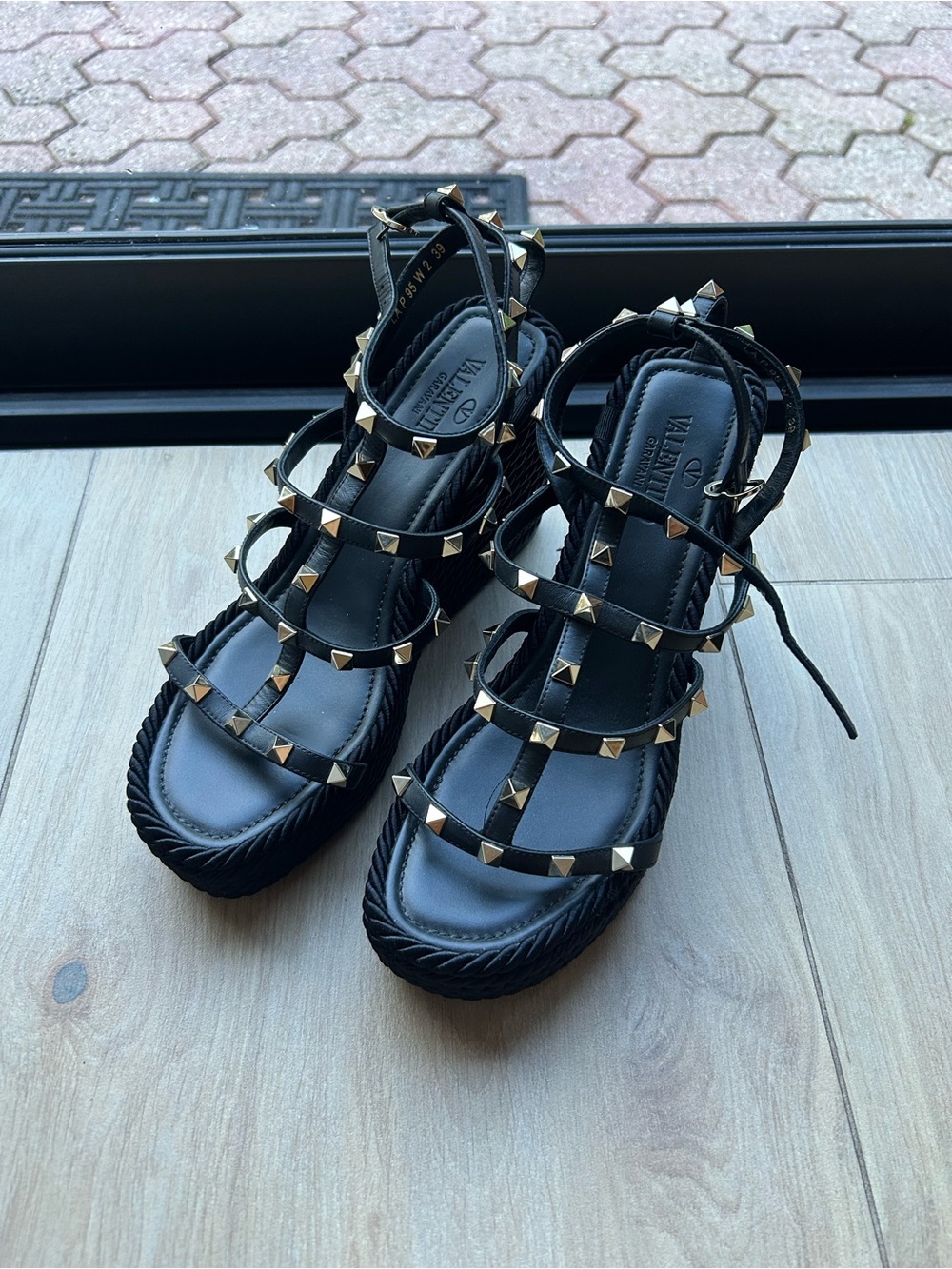 Valentino Garavani Black Leather Rockstud Wedge Sandals with Calfskin Straps